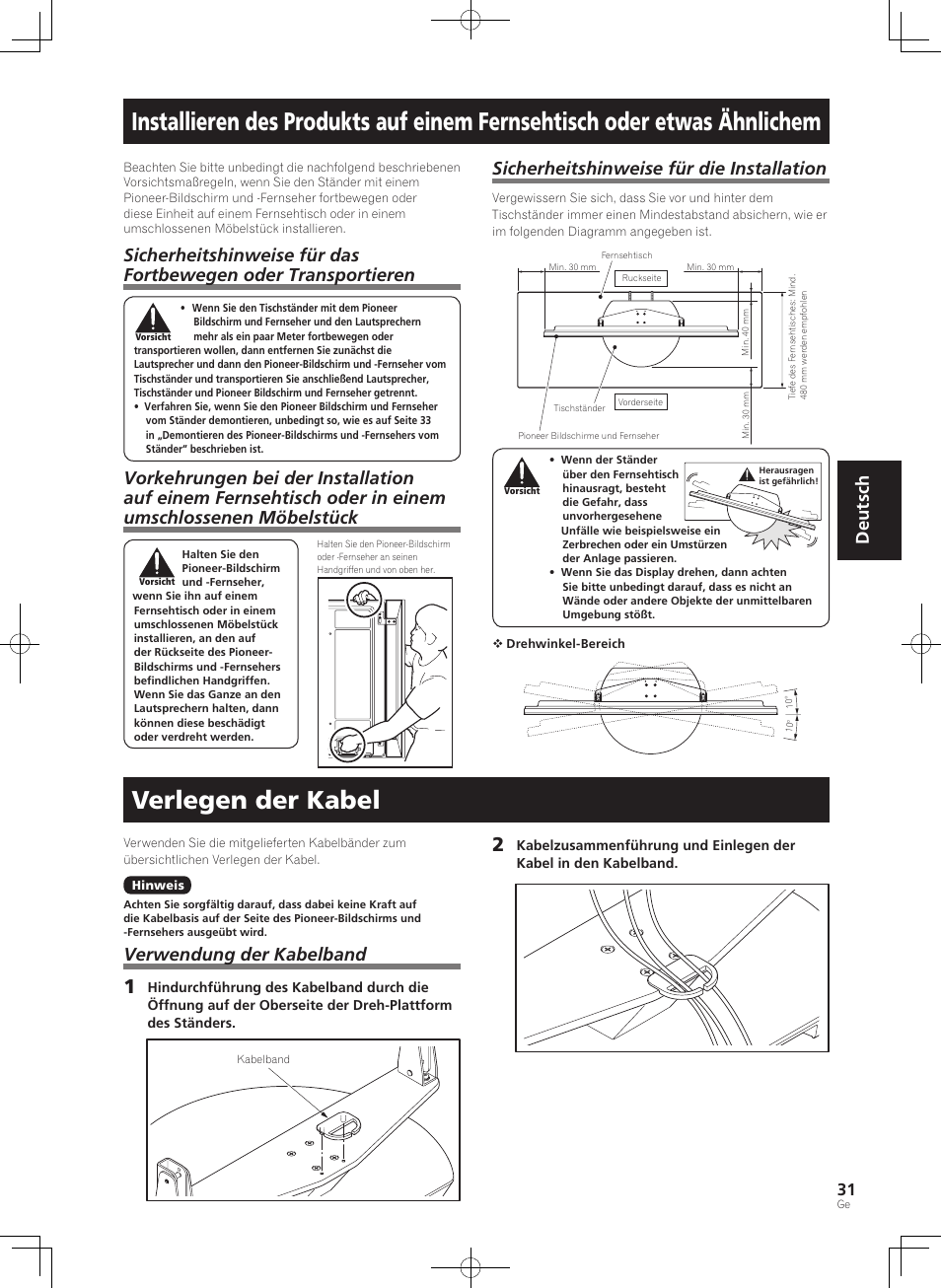 Verlegen der kabel, Deutsch, Sicherheitshinweise für die installation | Verwendung der kabelband | Pioneer KRP-SW01 User Manual | Page 31 / 74