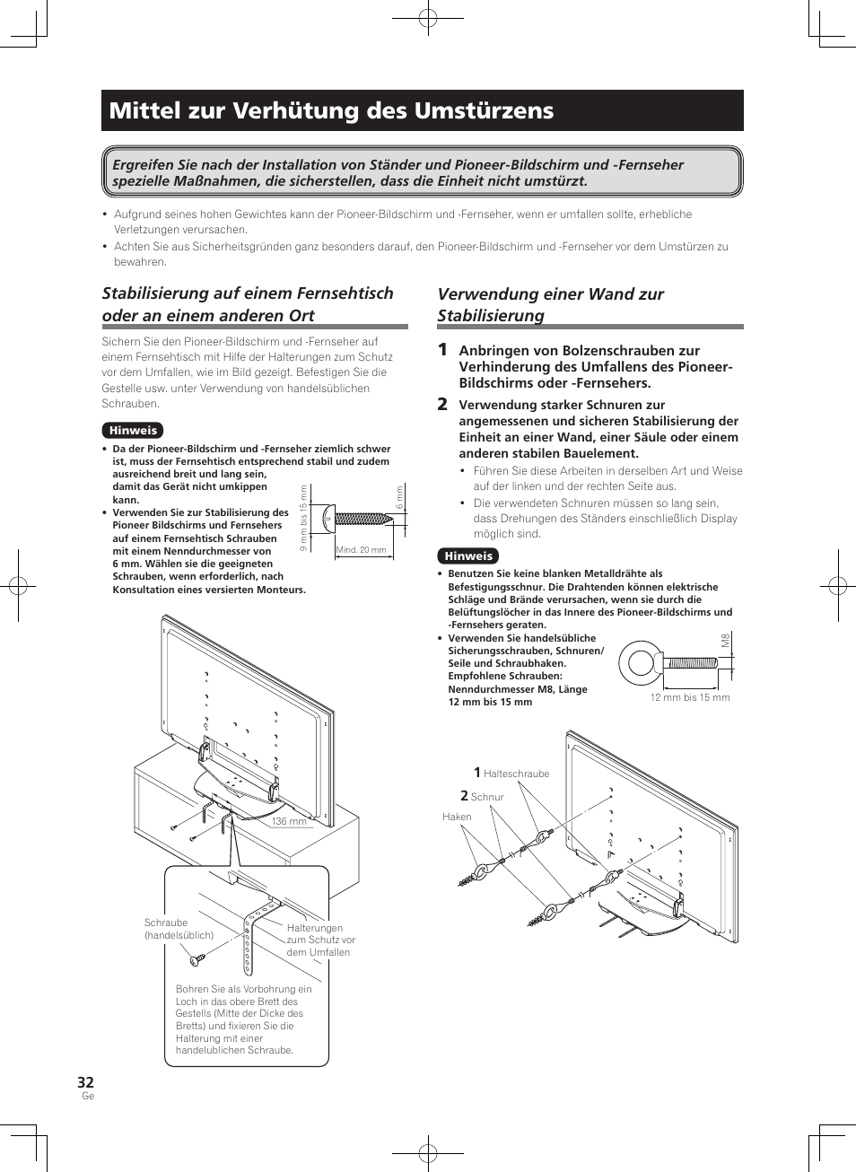 Mittel zur verhütung des umstürzens, Verwendung einer wand zur stabilisierung | Pioneer KRP-SW01 User Manual | Page 32 / 74
