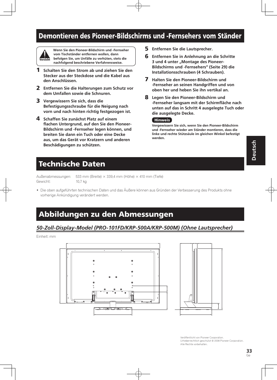 Technische daten, Abbildungen zu den abmessungen, Deutsch | Pioneer KRP-SW01 User Manual | Page 33 / 74