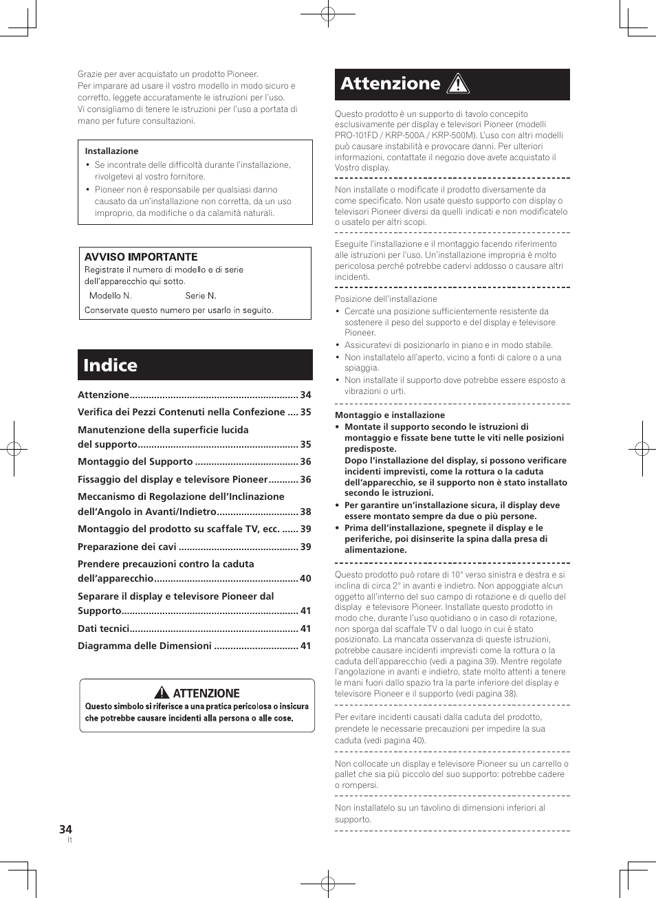 Indice, Attenzione | Pioneer KRP-SW01 User Manual | Page 34 / 74