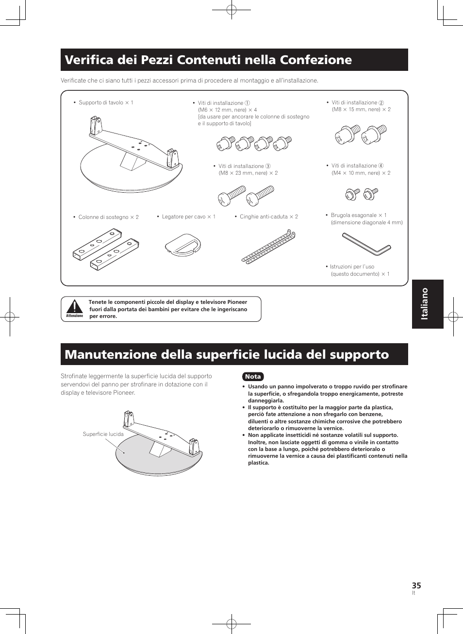 Verifica dei pezzi contenuti nella confezione, Manutenzione della superficie lucida del supporto, Italiano | Pioneer KRP-SW01 User Manual | Page 35 / 74