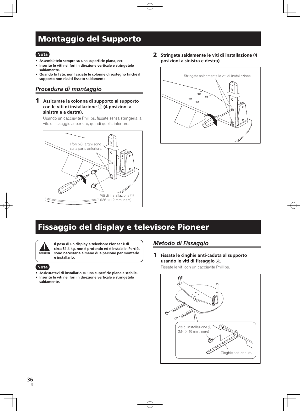 Montaggio del supporto, Fissaggio del display e televisore pioneer, Metodo di fissaggio | Procedura di montaggio | Pioneer KRP-SW01 User Manual | Page 36 / 74