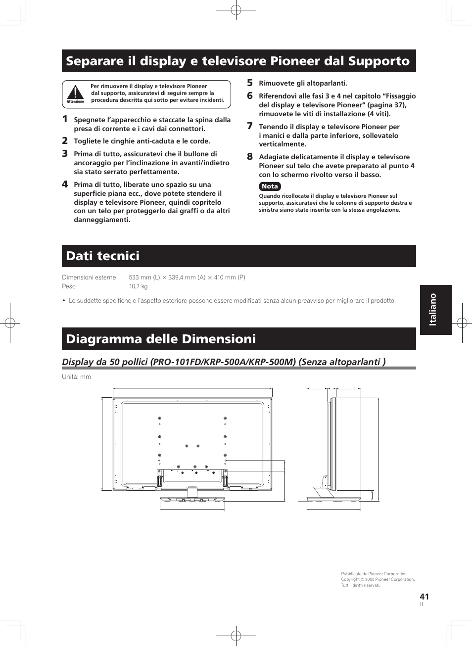 Dati tecnici, Diagramma delle dimensioni, Italiano | Pioneer KRP-SW01 User Manual | Page 41 / 74