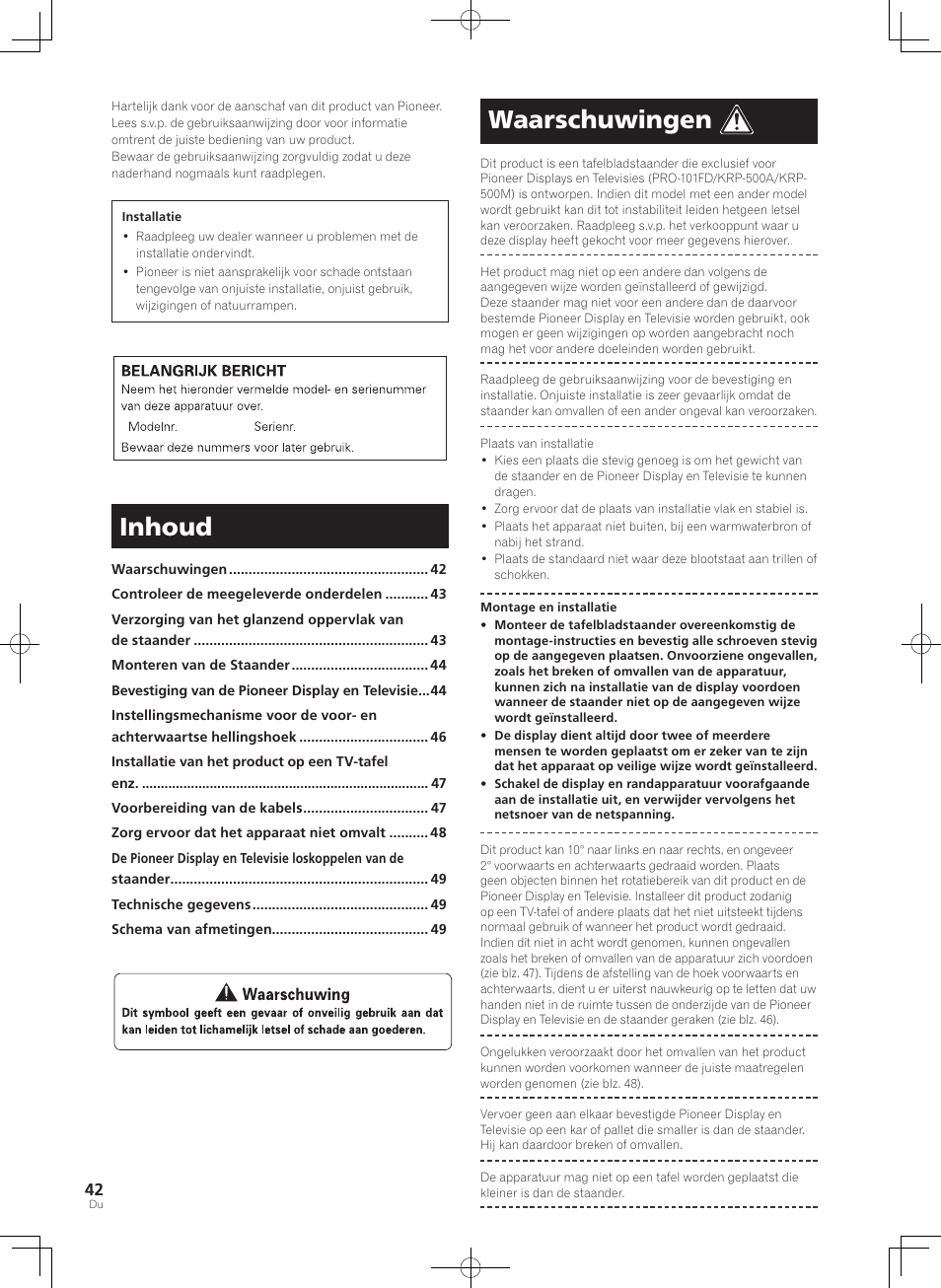 Inhoud, Waarschuwingen | Pioneer KRP-SW01 User Manual | Page 42 / 74