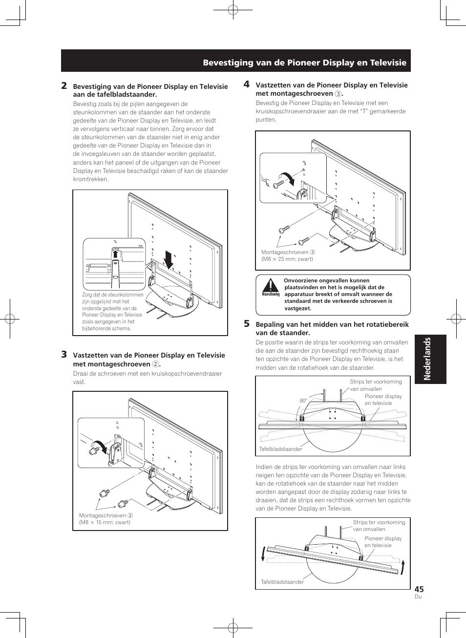 Nederlands, Bevestiging van de pioneer display en televisie | Pioneer KRP-SW01 User Manual | Page 45 / 74