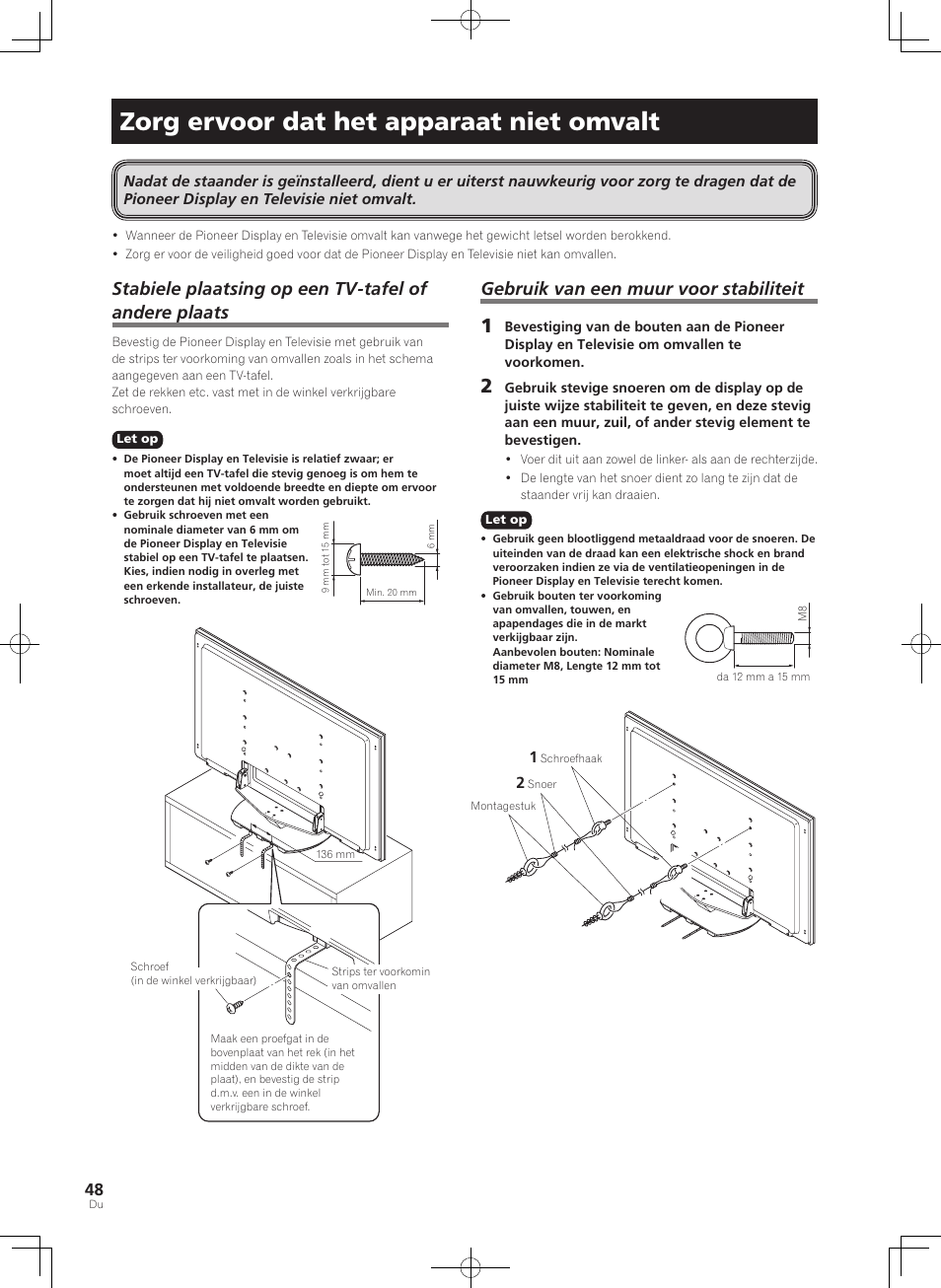 Zorg ervoor dat het apparaat niet omvalt, Gebruik van een muur voor stabiliteit | Pioneer KRP-SW01 User Manual | Page 48 / 74