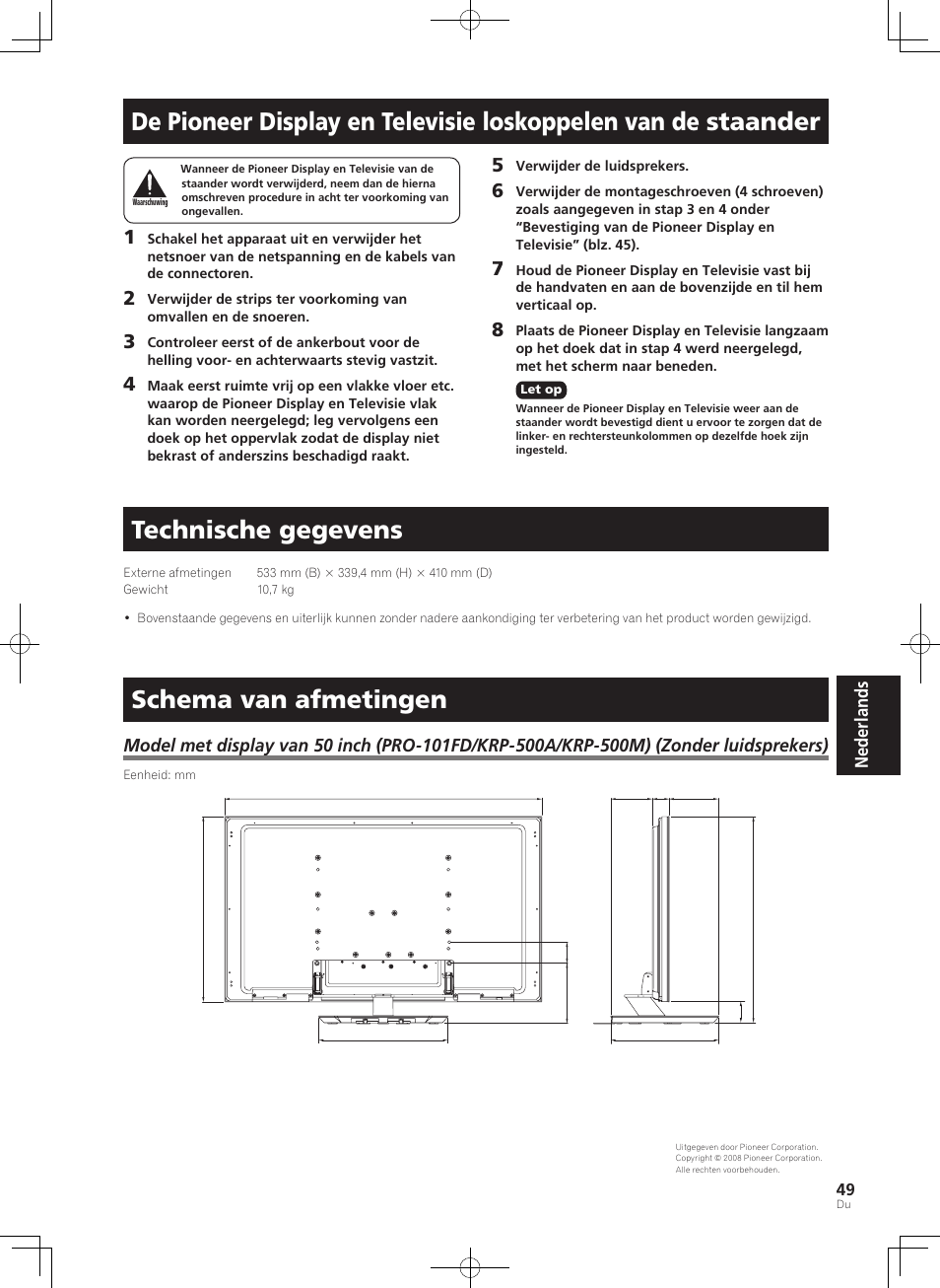 Technische gegevens, Schema van afmetingen, Nederlands | Pioneer KRP-SW01 User Manual | Page 49 / 74