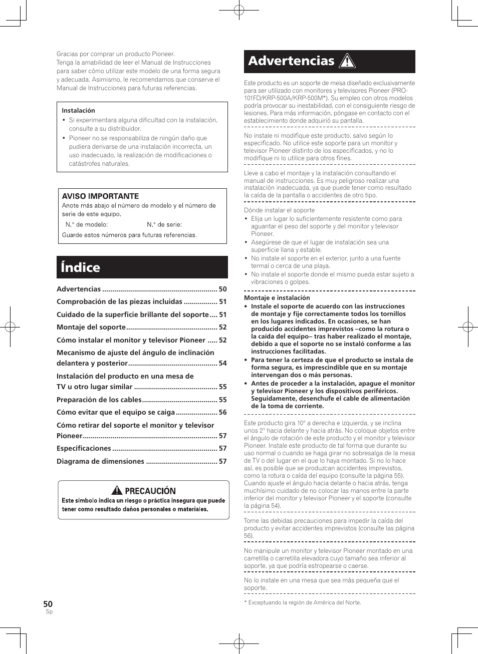 Índice, Advertencias | Pioneer KRP-SW01 User Manual | Page 50 / 74