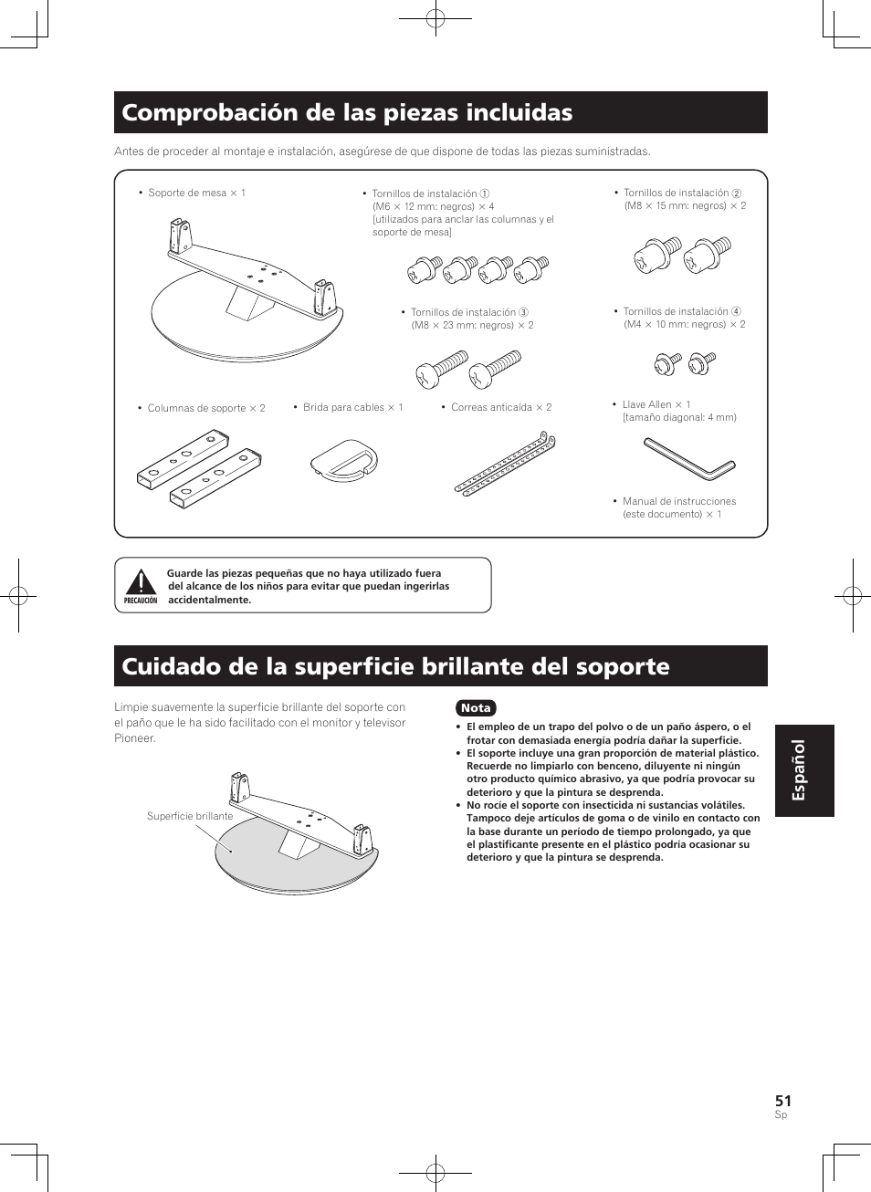 Comprobación de las piezas incluidas, Cuidado de la superficie brillante del soporte, Español | Pioneer KRP-SW01 User Manual | Page 51 / 74