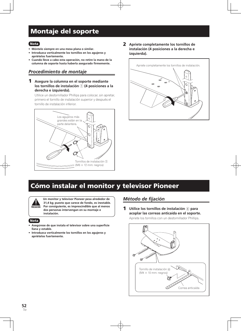 Montaje del soporte, Cómo instalar el monitor y televisor pioneer, Método de fijación | Procedimiento de montaje | Pioneer KRP-SW01 User Manual | Page 52 / 74