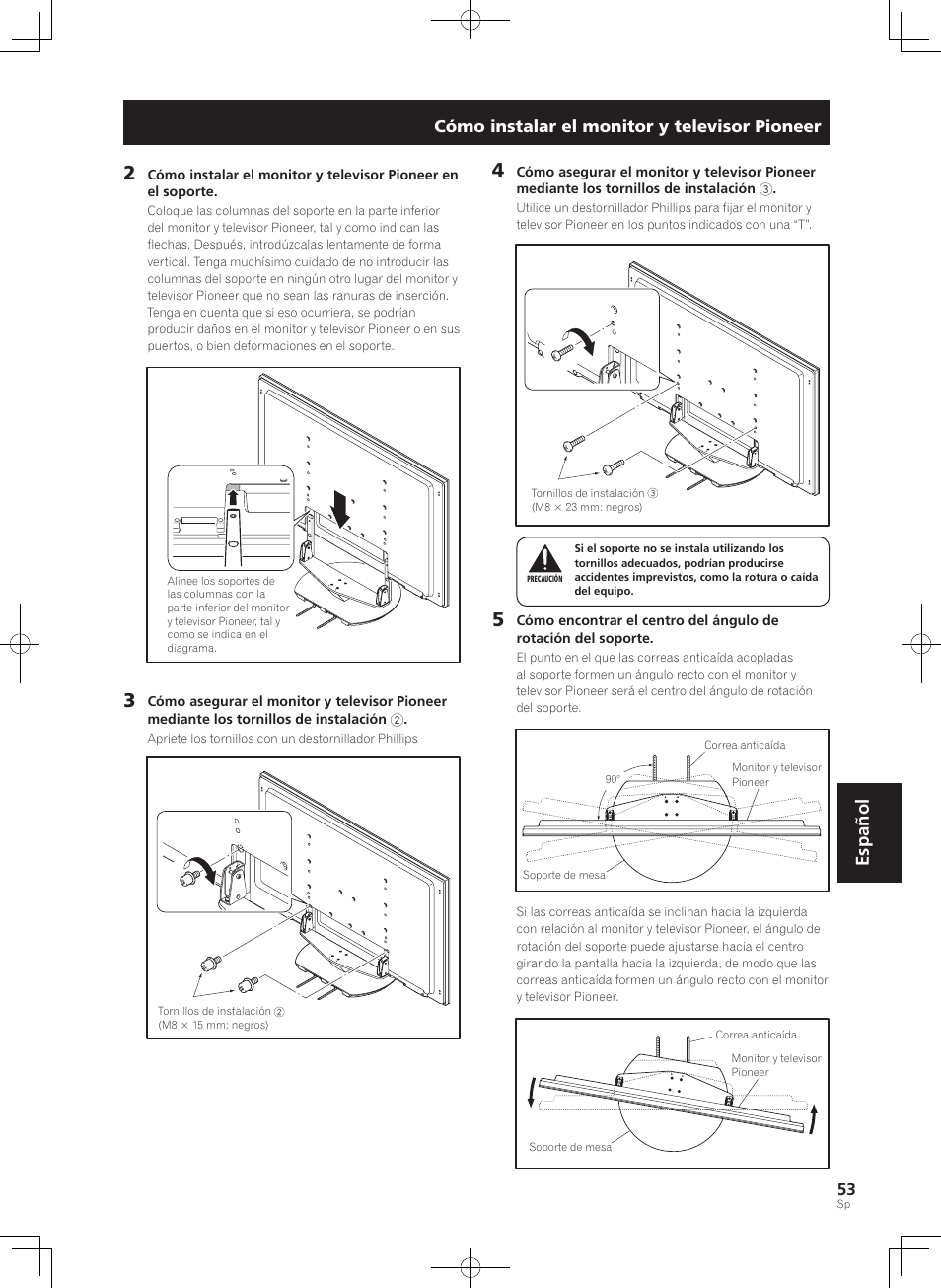 Español, Cómo instalar el monitor y televisor pioneer | Pioneer KRP-SW01 User Manual | Page 53 / 74