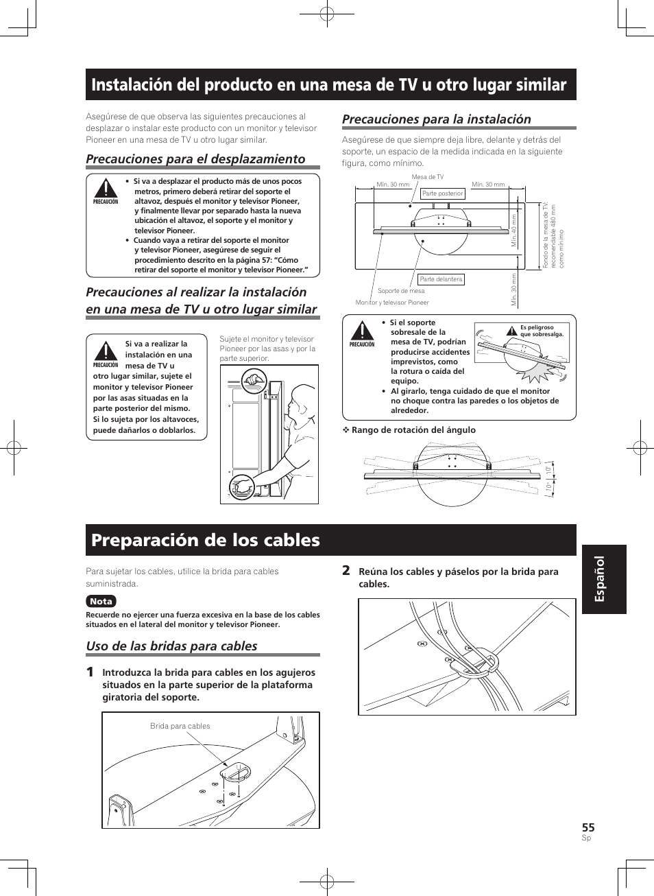 Preparación de los cables, Español, Precauciones para el desplazamiento | Precauciones para la instalación, Uso de las bridas para cables | Pioneer KRP-SW01 User Manual | Page 55 / 74