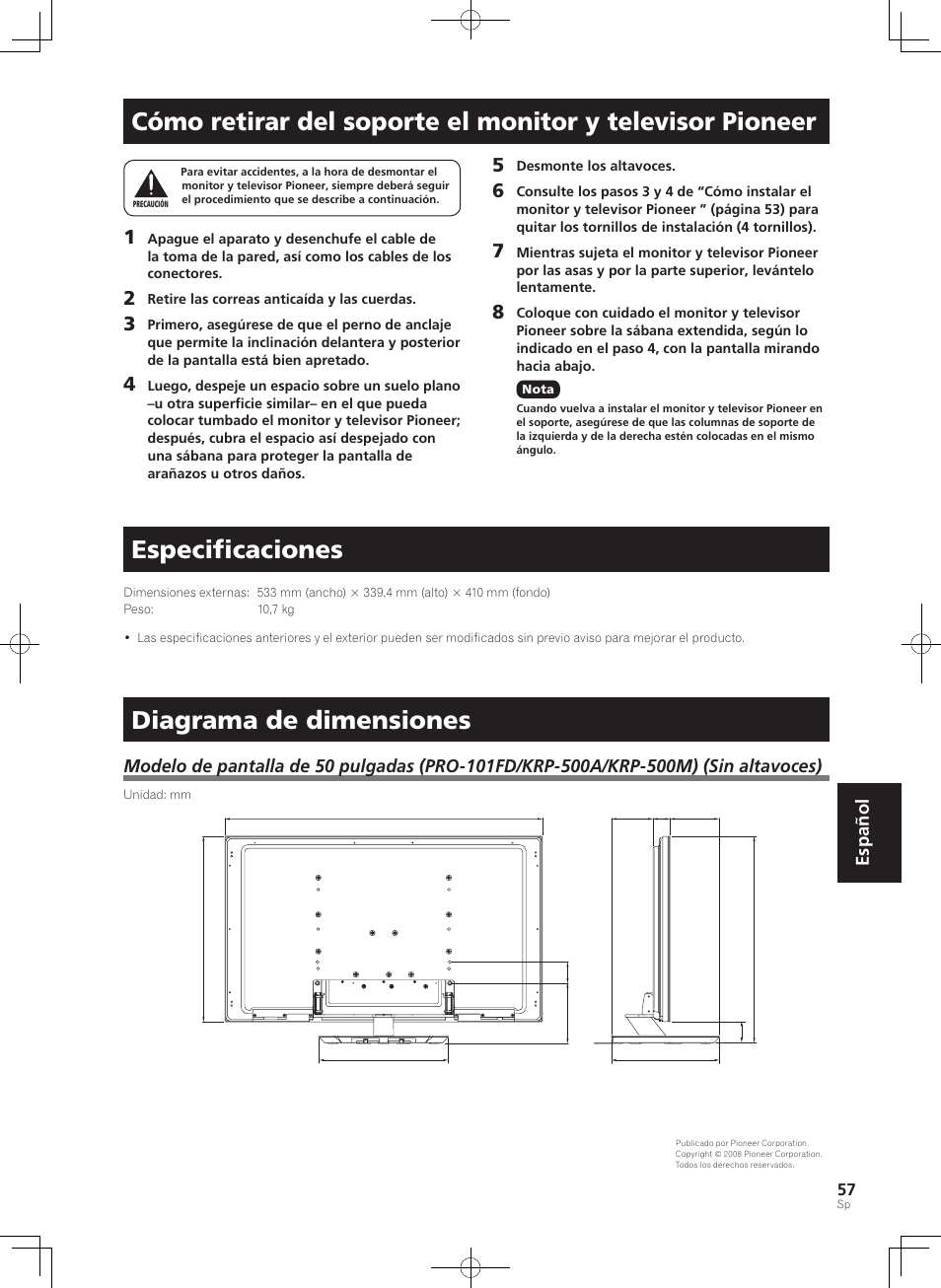 Especificaciones, Diagrama de dimensiones, Español | Pioneer KRP-SW01 User Manual | Page 57 / 74