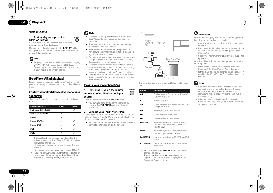 View disc data, Ipod/iphone/ipad playback, Confirm what ipod/iphone/ipad models are supported | Playing your ipod/iphone/ipad, Confirm what ipod/iphone/ipad models are, Supported playing your ipod/iphone/ipad, Playback 04 | Pioneer PD-50-S User Manual | Page 10 / 116