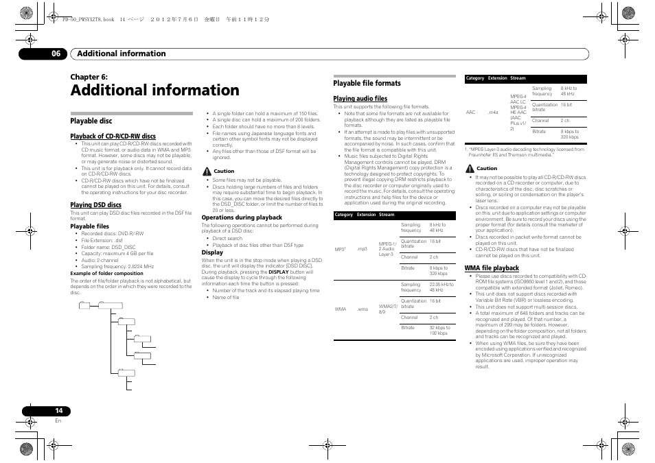 Additional information, Playable disc, Playback of cd-r/cd-rw discs | Playing dsd discs, Playable file formats, Playing audio files, Wma file playback, 06 additional information, Additional information 06, Chapter 6 | Pioneer PD-50-S User Manual | Page 14 / 116