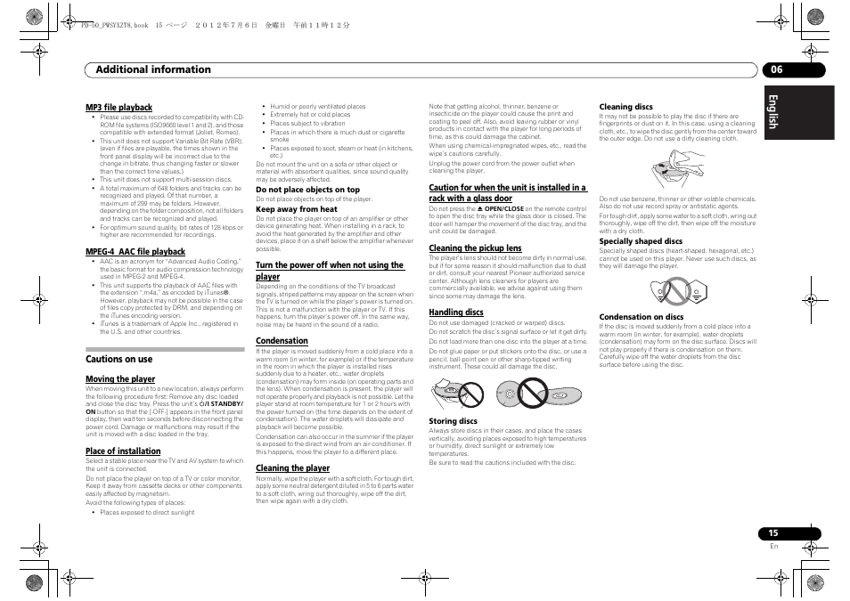 Mp3 file playback, Mpeg-4 aac file playback, Cautions on use | Moving the player, Place of installation, Turn the power off when not using the player, Condensation, Cleaning the player, Cleaning the pickup lens, Handling discs | Pioneer PD-50-S User Manual | Page 15 / 116