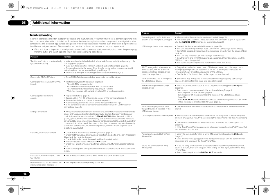 Troubleshooting, Additional information 06 | Pioneer PD-50-S User Manual | Page 16 / 116