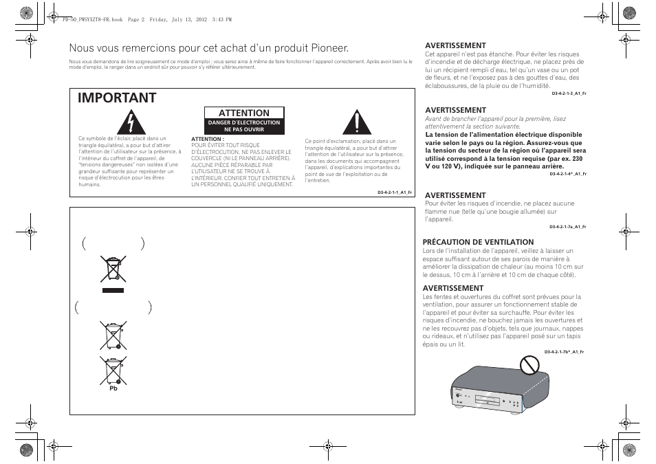 Important, Attention | Pioneer PD-50-S User Manual | Page 18 / 116