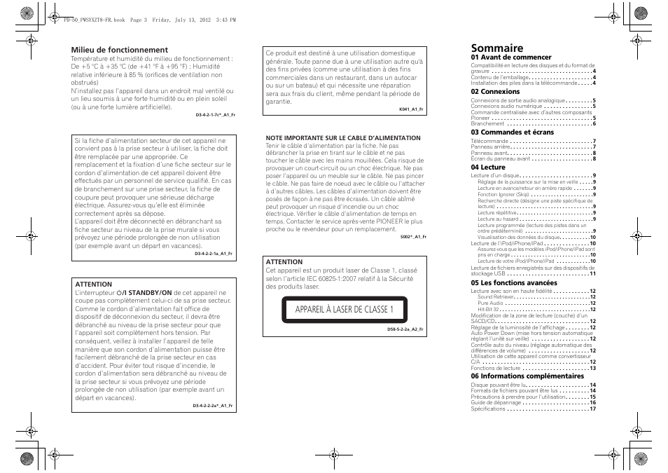 Sommaire, Appareil à laser de classe 1 | Pioneer PD-50-S User Manual | Page 19 / 116