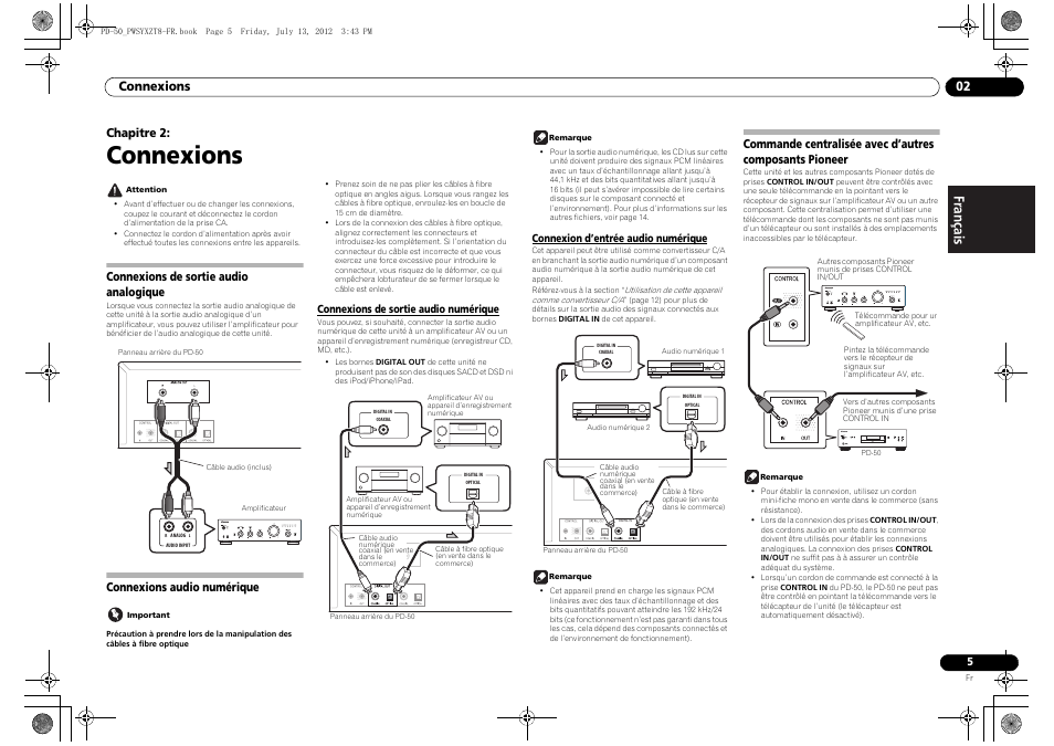 02 connexions, Connexions de sortie audio analogique, Connexions audio numérique | Commande centralisée avec d’autres composants, Pioneer, Connexions, Connexions 02, Chapitre 2 | Pioneer PD-50-S User Manual | Page 21 / 116