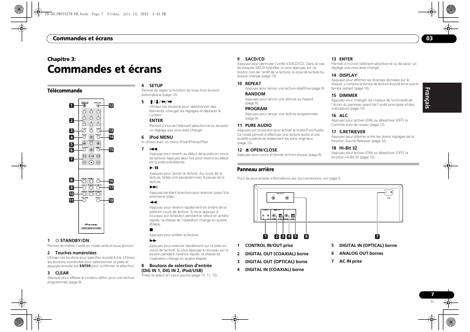 03 commandes et écrans, Télécommande, Panneau arrière | Commandes et écrans | Pioneer PD-50-S User Manual | Page 23 / 116