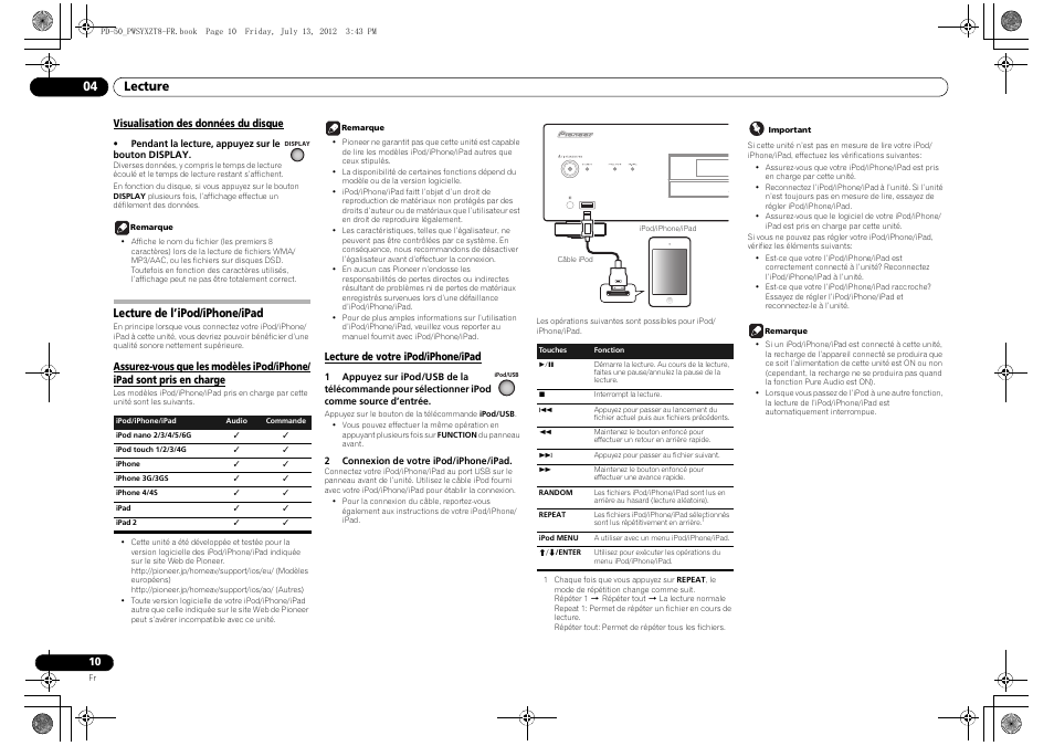 Visualisation des données du disque, Lecture de l’ipod/iphone/ipad, Assurez-vous que les modèles ipod/iphone/ipad sont | Pris en charge lecture de votre ipod/iphone/ipad, Lecture 04 | Pioneer PD-50-S User Manual | Page 26 / 116