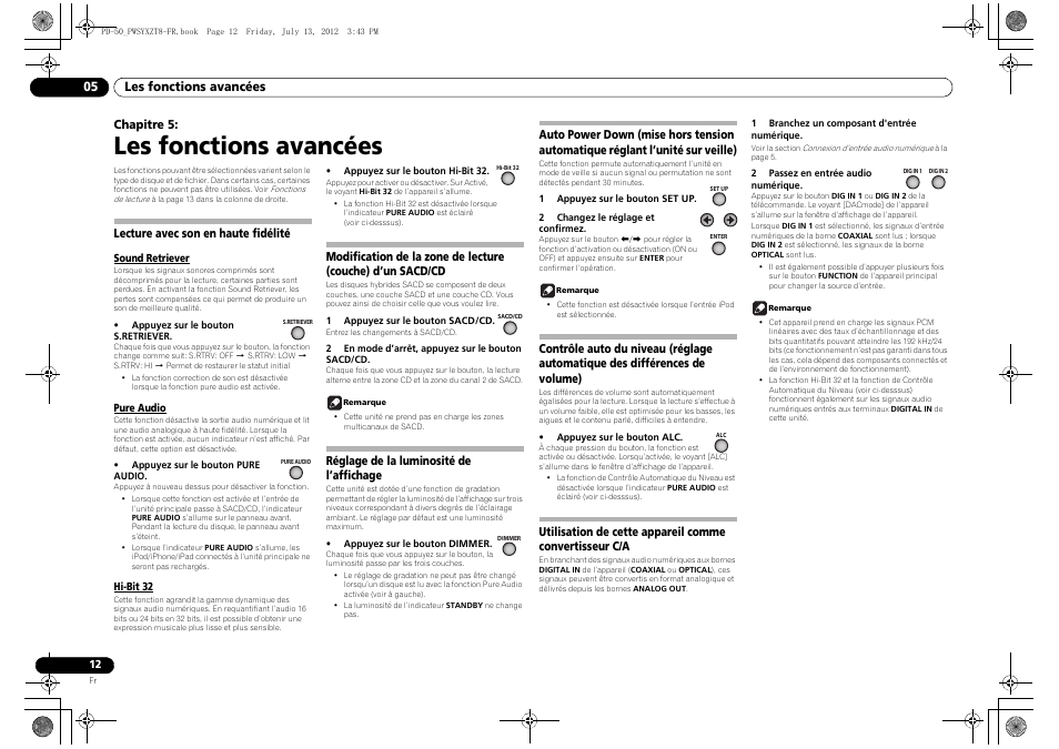 05 les fonctions avancées, Lecture avec son en haute fidélité, Sound retriever pure audio hit-bit 32 | Modification de la zone de lecture (couche) d’un, Sacd/cd, Réglage de la luminosité de l’affichage, Auto power down (mise hors tension automatique, Réglant l’unité sur veille), Contrôle auto du niveau (réglage automatique des, Différences de volume) | Pioneer PD-50-S User Manual | Page 28 / 116