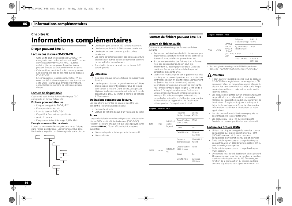 06 informations complémentaires, Disque pouvant être lu, Formats de fichiers pouvant être lus | Informations complémentaires, Informations complémentaires 06, Chapitre 6 | Pioneer PD-50-S User Manual | Page 30 / 116