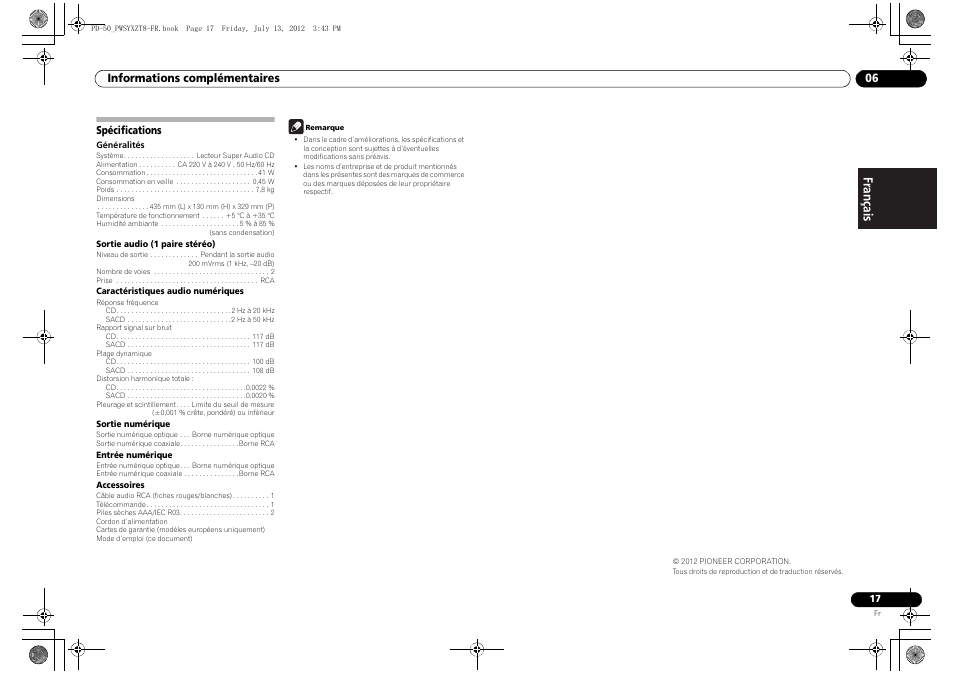 Spécifications | Pioneer PD-50-S User Manual | Page 33 / 116