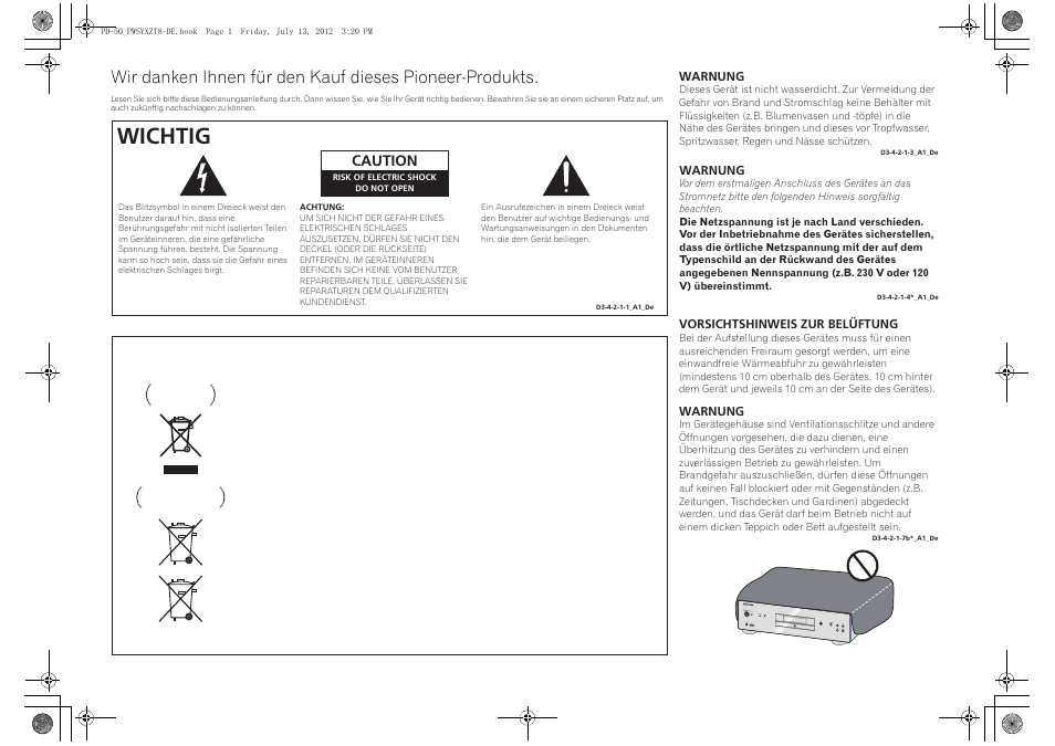 Wichtig, Caution | Pioneer PD-50-S User Manual | Page 34 / 116