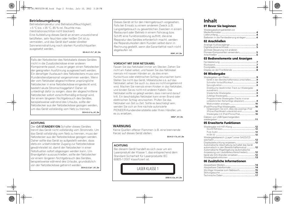 Ungsanleitung, Super audio cd-spieler | lettore cd super a, Inhalt | Laser klasse 1 | Pioneer PD-50-S User Manual | Page 35 / 116