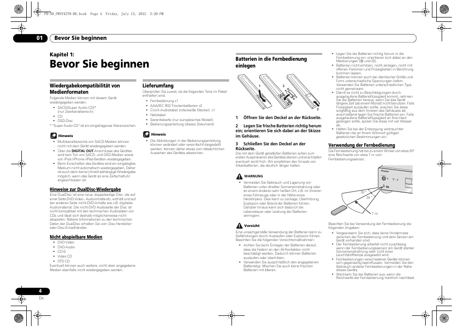 01 bevor sie beginnen, Wiedergabekompatibilität von, Medienformaten | Lieferumfang, Batterien in die fernbedienung einlegen, Bevor sie beginnen, Bevor sie beginnen 01, Kapitel 1, Wiedergabekompatibilität von medienformaten | Pioneer PD-50-S User Manual | Page 36 / 116