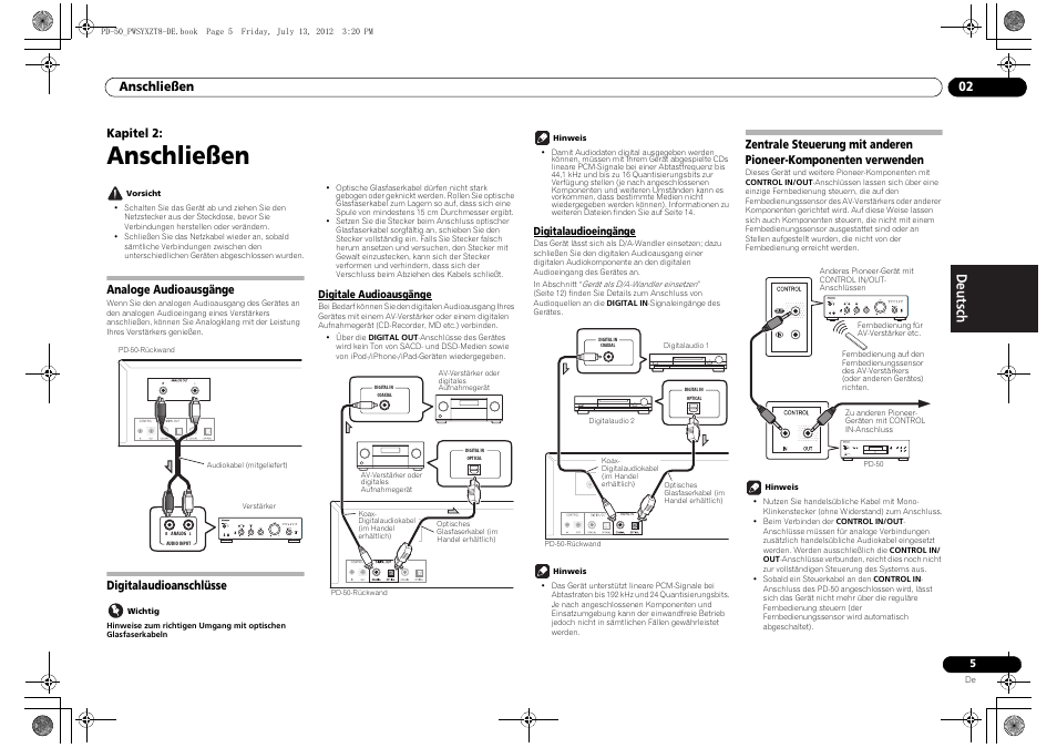 02 anschließen, Analoge audioausgänge, Digitalaudioanschlüsse | Zentrale steuerung mit anderen, Pioneer-komponenten verwenden, Anschließen, Anschließen 02, Kapitel 2 | Pioneer PD-50-S User Manual | Page 37 / 116