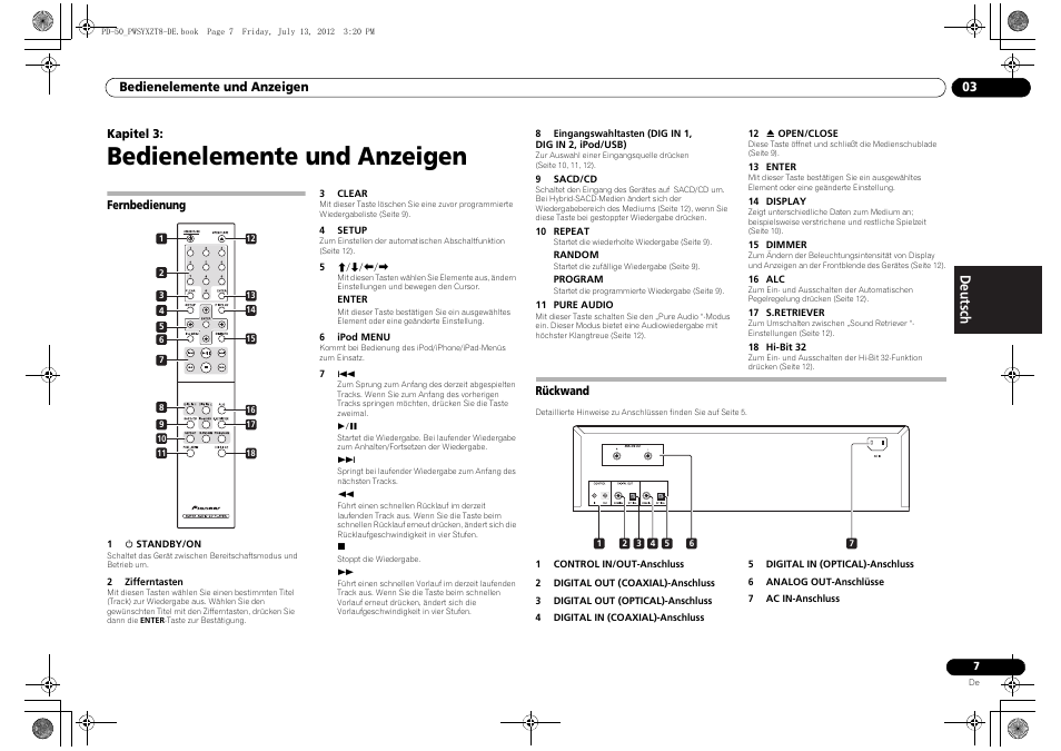 03 bedienelemente und anzeigen, Fernbedienung, Rückwand | Bedienelemente und anzeigen | Pioneer PD-50-S User Manual | Page 39 / 116
