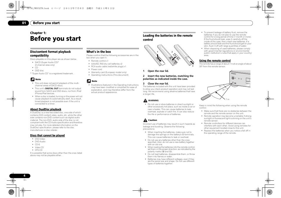 Before you start, Disc/content format playback compatibility, About dualdisc playback | Discs that cannot be played, What’s in the box, Loading the batteries in the remote control, Using the remote control, 01 before you start, Before you start 01, Chapter 1 | Pioneer PD-50-S User Manual | Page 4 / 116