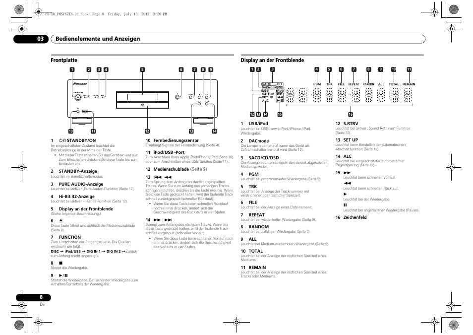 Frontplatte, Display an der frontblende | Pioneer PD-50-S User Manual | Page 40 / 116