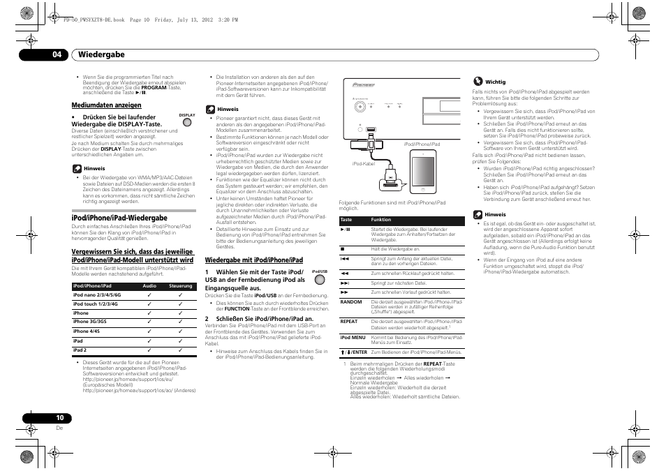 Mediumdaten anzeigen, Ipod/iphone/ipad-wiedergabe, Vergewissern sie sich, dass das jeweilige ipod | Wiedergabe 04 | Pioneer PD-50-S User Manual | Page 42 / 116