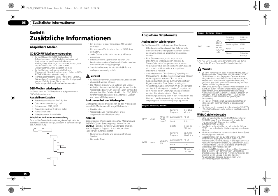 06 zusätzliche informationen, Abspielbare medien, Abspielbare dateiformate | Zusätzliche informationen, Zusätzliche informationen 06, Kapitel 6 | Pioneer PD-50-S User Manual | Page 46 / 116