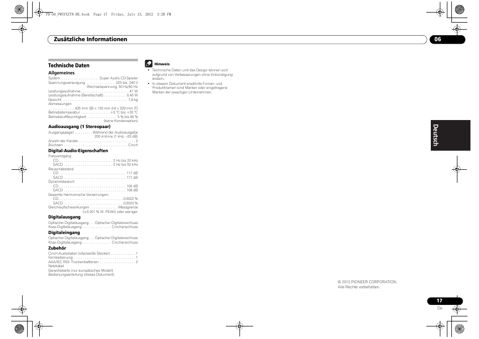 Technische daten | Pioneer PD-50-S User Manual | Page 49 / 116