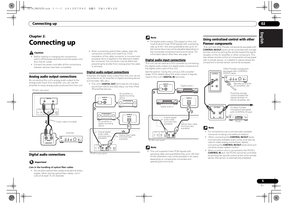 Connecting up, Analog audio output connections, Digital audio connections | Digital audio output connections, Digital audio input connections, 02 connecting up, Using centralized control with other pioneer, Components, Connecting up 02, Chapter 2 | Pioneer PD-50-S User Manual | Page 5 / 116