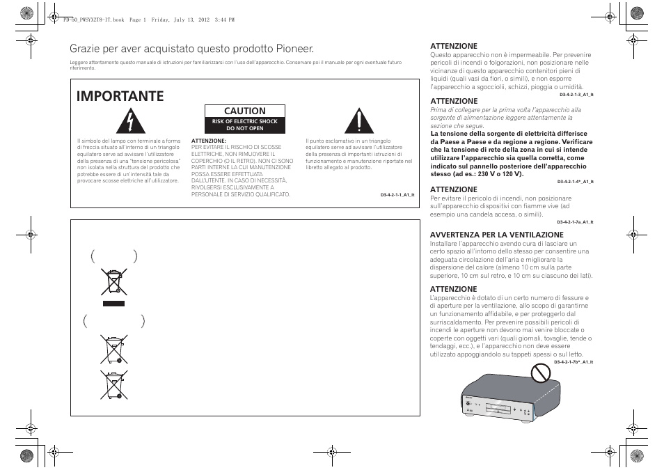 Importante, Grazie per aver acquistato questo prodotto pioneer, Caution | Pioneer PD-50-S User Manual | Page 50 / 116