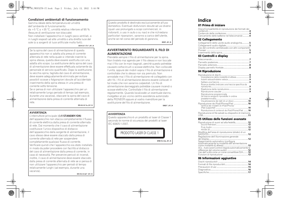 Istruzioni per i’uso | handleiding | man, Udio, Indice | Prodotto laser di classe 1 | Pioneer PD-50-S User Manual | Page 51 / 116