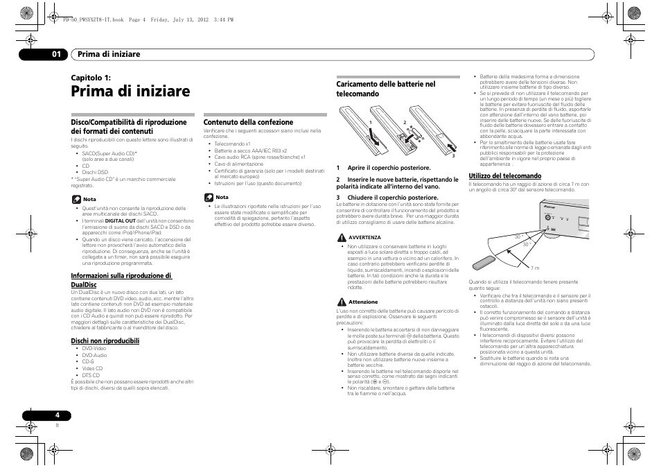 01 prima di iniziare, Contenuti, Contenuto della confezione | Caricamento delle batterie nel telecomando, Prima di iniziare, Prima di iniziare 01, Capitolo 1 | Pioneer PD-50-S User Manual | Page 52 / 116