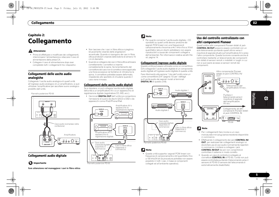 02 collegamento, Collegamenti delle uscite audio analogiche, Collegamenti audio digitale | Pioneer, Collegamento, Collegamento 02, Capitolo 2 | Pioneer PD-50-S User Manual | Page 53 / 116