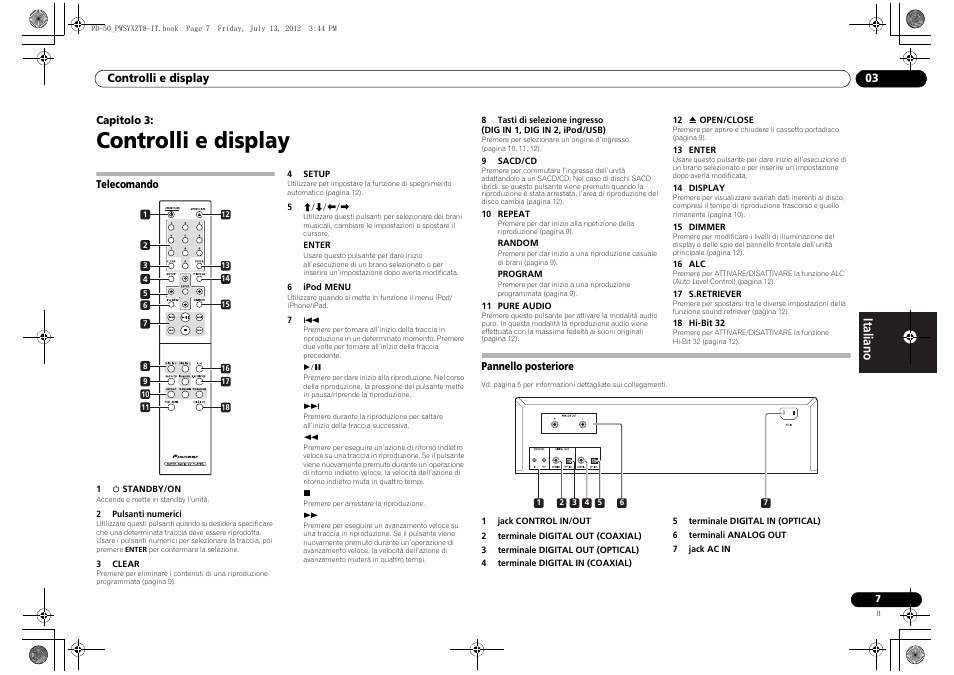 03 controlli e display, Telecomando, Pannello posteriore | Controlli e display | Pioneer PD-50-S User Manual | Page 55 / 116