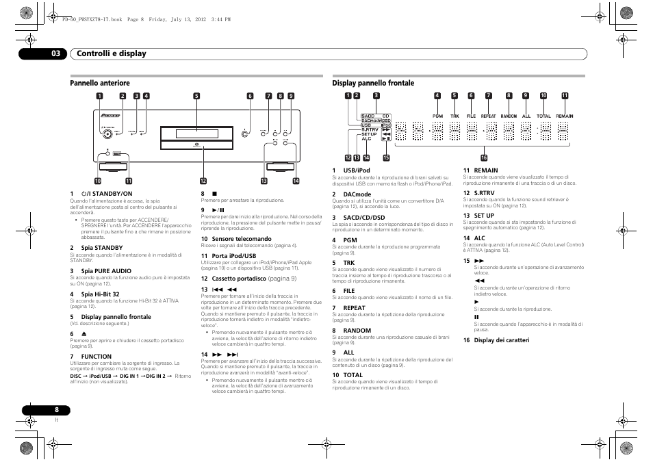 Pannello anteriore, Display pannello frontale | Pioneer PD-50-S User Manual | Page 56 / 116