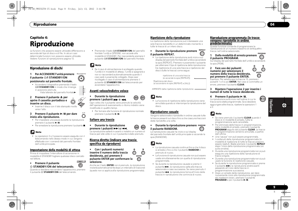 04 riproduzione, Riproduzione di dischi, Impostazione della modalità di attesa | Avanti veloce/indietro veloce, Saltare una traccia, Ricerca diretta (indicare una traccia specifica da, Riprodurre), Ripetizione della riproduzione, Riproduzione casuale, Riproduzione programmata | Pioneer PD-50-S User Manual | Page 57 / 116