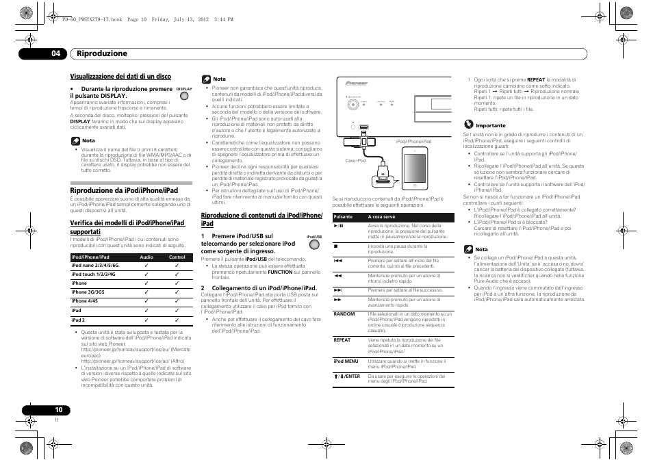 Visualizzazione dei dati di un disco, Riproduzione da ipod/iphone/ipad, Verifica dei modelli di ipod/iphone | Ipad supportati, Riproduzione di contenuti da ipod/iphone/ipad, Riproduzione 04 | Pioneer PD-50-S User Manual | Page 58 / 116