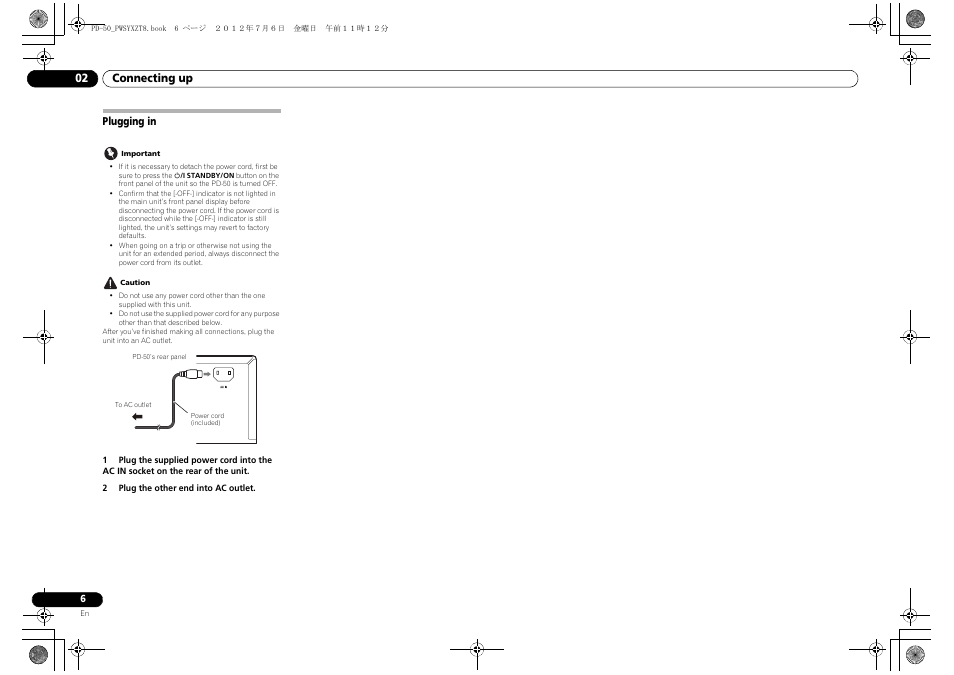 Plugging in | Pioneer PD-50-S User Manual | Page 6 / 116