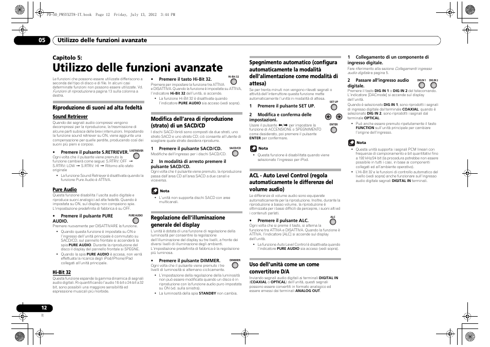 05 utilizzo delle funzioni avanzate, Riproduzione di suoni ad alta fedeltà, Sound retriever | Pure audio, Hit-bit 32, Modifica dell’area di riproduzione (strato) di un, Sacd/cd, Regolazione dell’illuminazione generale, Del display, Spegnimento automatico (configura | Pioneer PD-50-S User Manual | Page 60 / 116